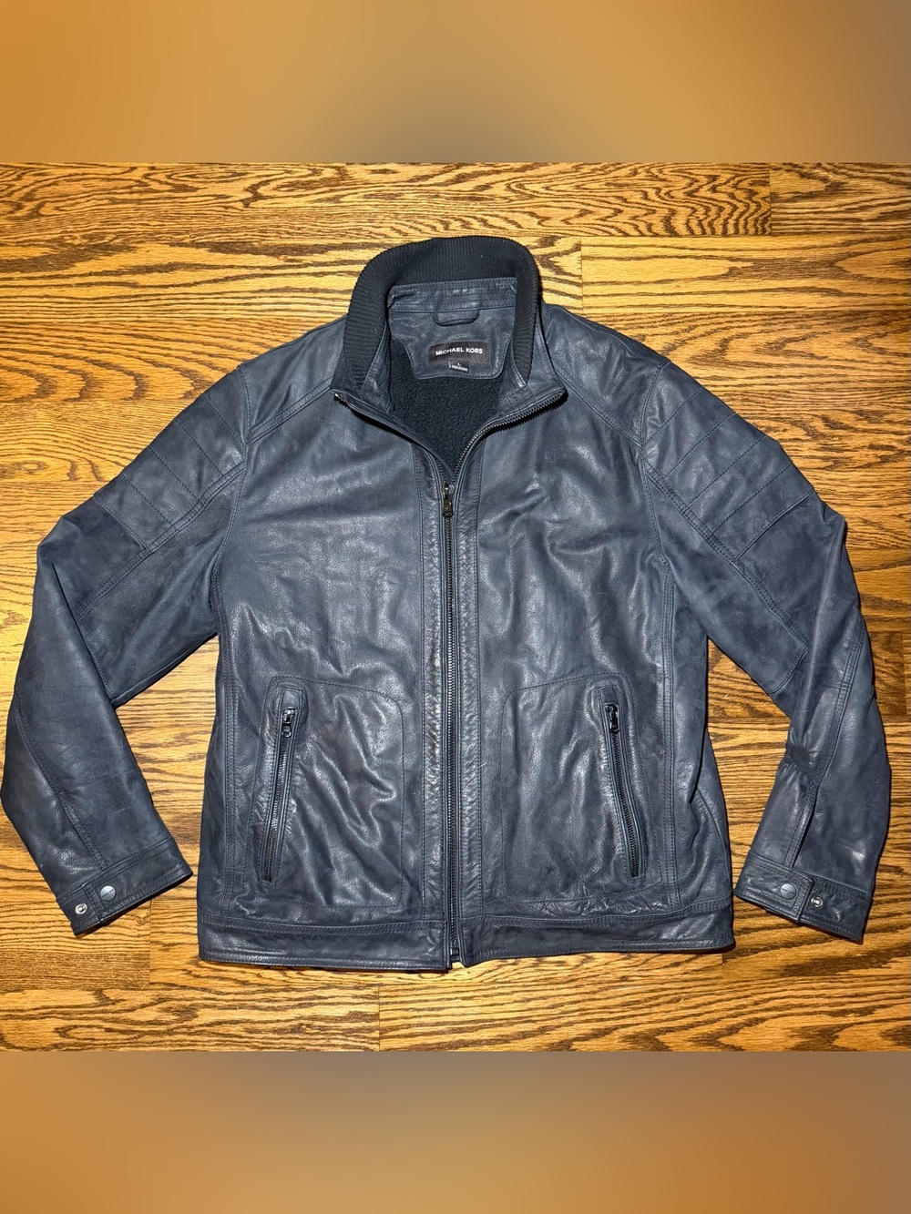 Michael Kors Men's Dark Navy Leather Bomber Jacket Sz L pre owned